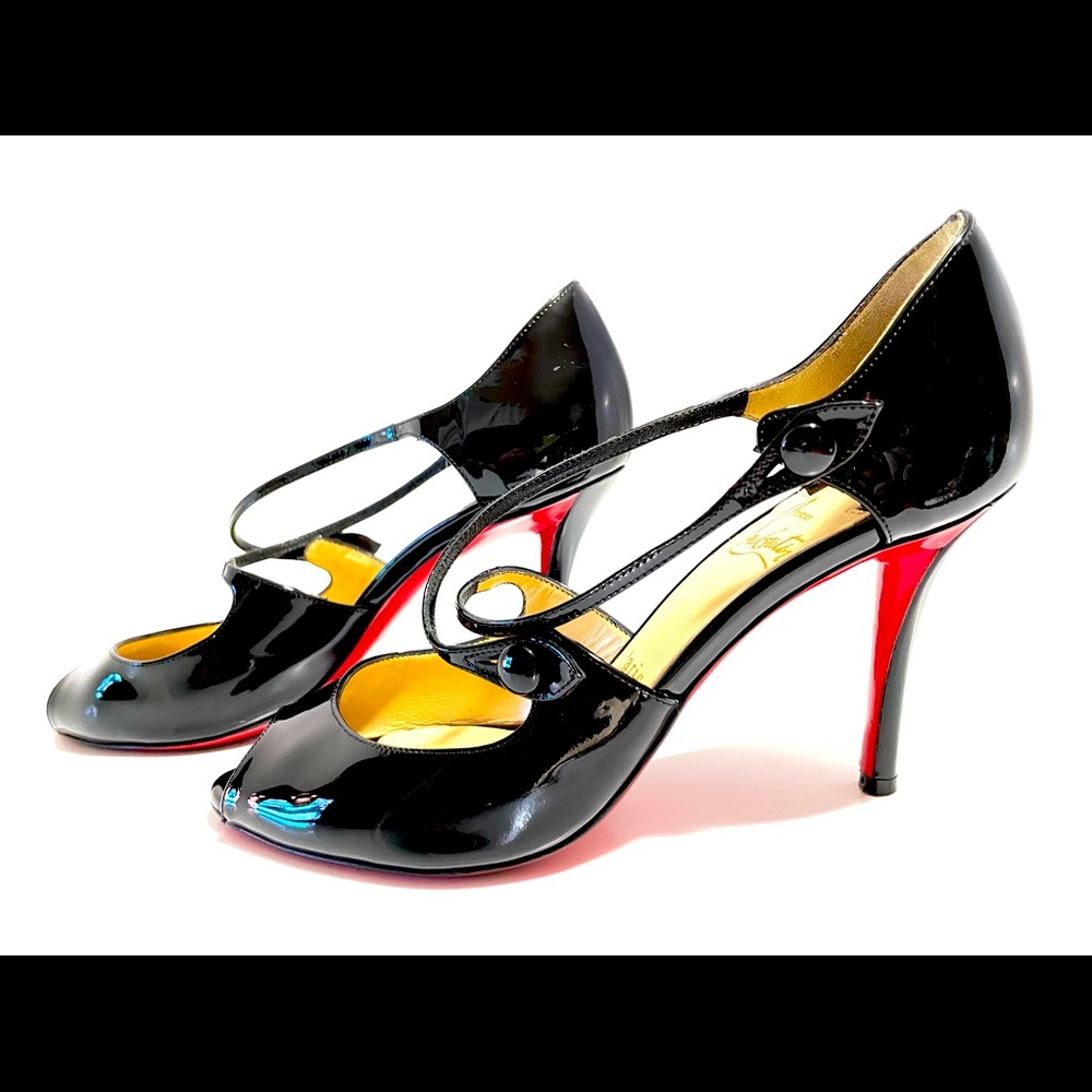 Christian Louboutin Debritoe Black Patent Crisscross Peep Toe High Heels 37 / 7